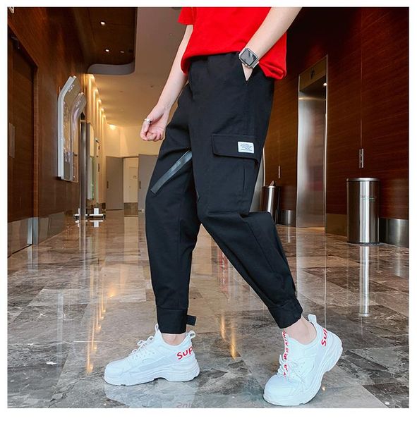 

casual pants mens fashion loose cargo style design harem jogging mid elastic waist sports long men's, Black