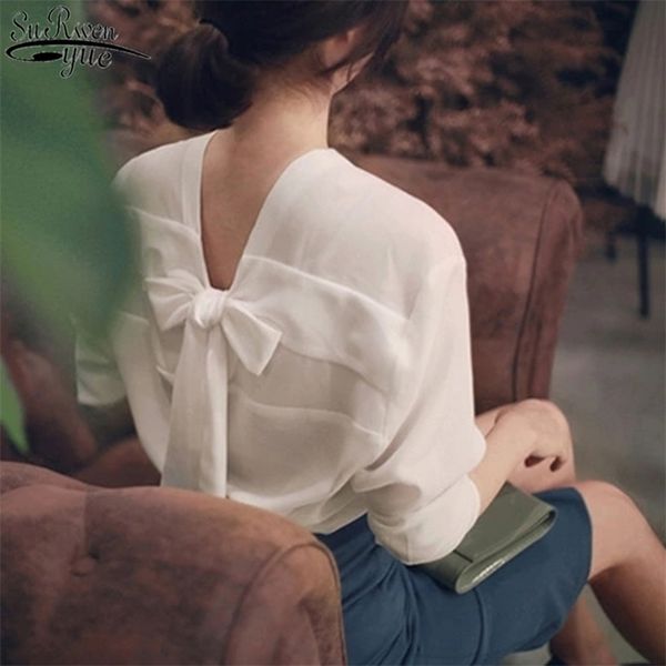 

spring long sleeve white blouse women back bow v-neck korean style solid chiffon office lady 11571 210421