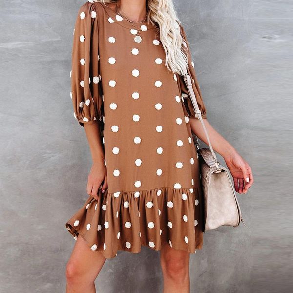 

autumn polka dot ruffle dress women spring 3/4 lantern sleeve casual loose doll fashion midi party club vestidos dresses, Black;gray