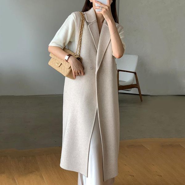 

women's vests [ewq] korean chic versatile lapel one button loose long split woolen vest coat jacket outwear female 2021 16e4994, Black;white