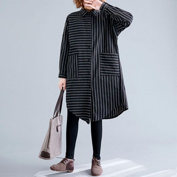 

women's blouses & shirts 2021 spring arts style women turn-down collar loose casual long double pocket cotton striped femme s34, White