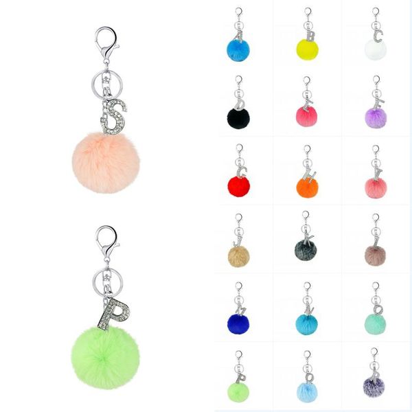 

fluffy a-z keychains for lady faux rabbit fur ball keyrings crystal 26 alphabet letters keyfobs holder jewelry accessories, Slivery;golden