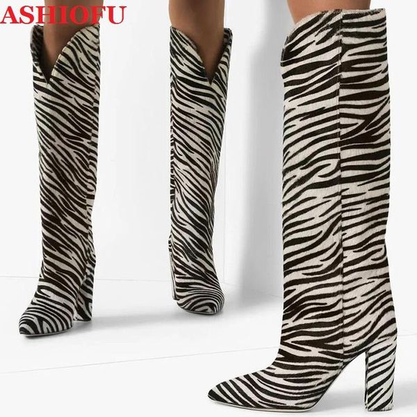 

boots ashiofu est handmade ladies chunky heel pumps zebra-stripped night-club party knee evening prom fashion boot shoes, Black