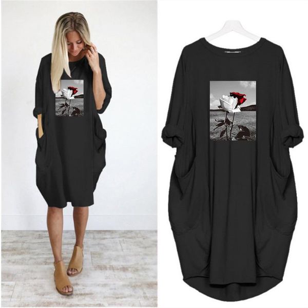 

ladies dress loose plus size burning rose fashion print long sleeve o neck pocket casual party vintage streetwear vestido robes dresses, Black;gray