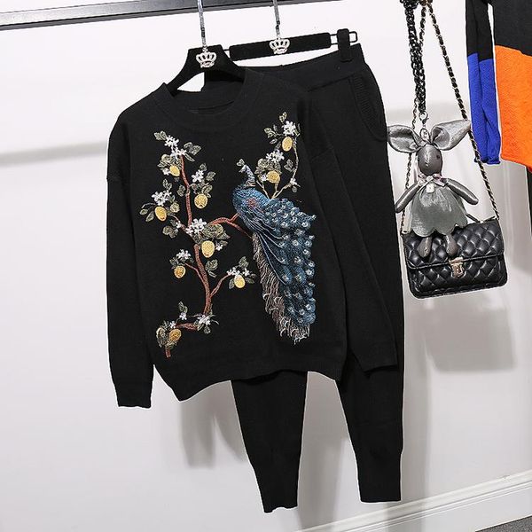 

women's two piece pants autumn winter female suit embroidery peacock o-neck pullovers kbitted sweater + elastic waist trousers women kn, White