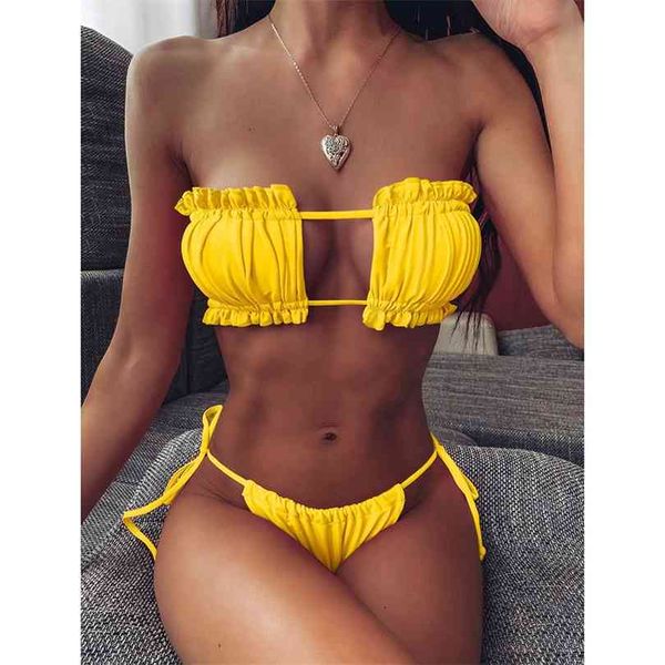 

bikini pleated bandeau swimsuit women swimwear thong bikinis set beachwear swimming for bathing suit woman biquini 210728, White;black