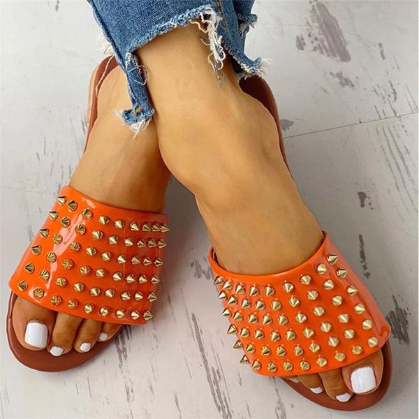 

slippers women's rivet slip indoor&outdoor flat anti-slip indoor beach walk shoes large size zapatos de mujer 25, Black