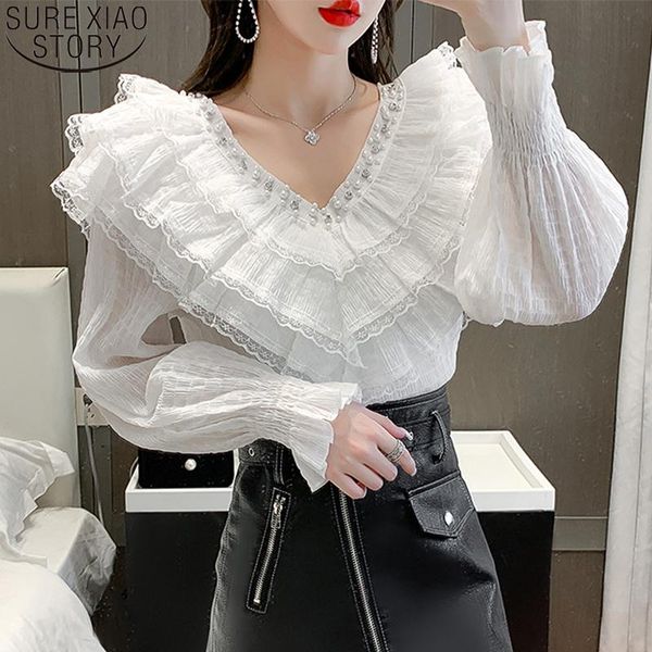 

women's blouses & shirts elegant puff long sleeve fashion beading ruffles chiffon blouse with lace v-neck vintage shirt for women clot, White