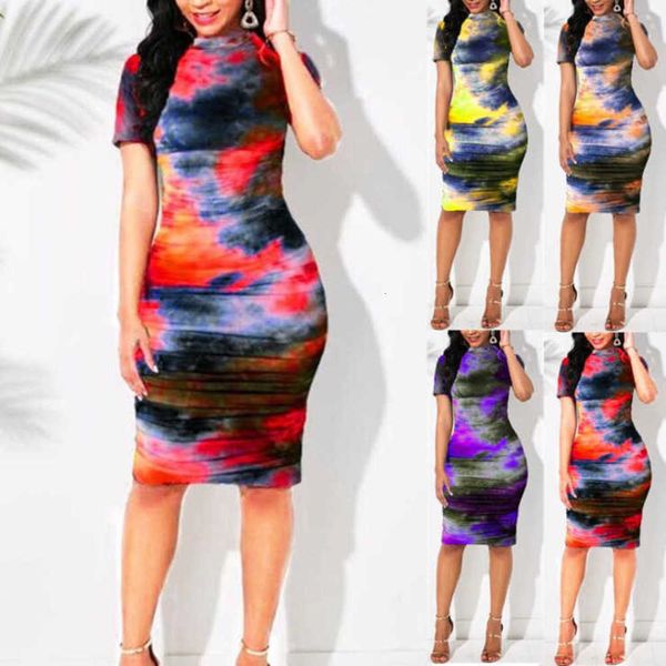 

tie dye pleated slim round neck short sleeve women's dress, Black;gray