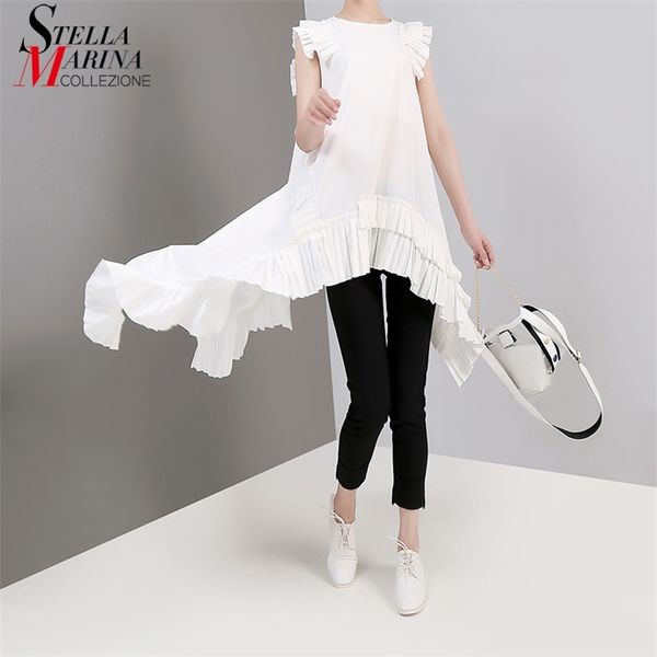 Casual Streetwear Style Donna Summer White Hipster irregolare Tee Top senza maniche Ruffles Ladies Hippie Chic T-shirt T-shirt 3659 210330