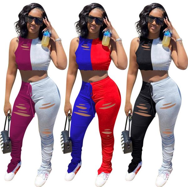 

s-3xl designer women tracksuits clothes fashion womens vest and pant 2 pieces pleated split stitching floral micro-horn two piece set, Gray