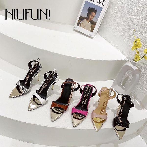 

sandals pointed fashion women's metal chain lock buckle serpentine high heels women shoes summer plating heel 2021, Black