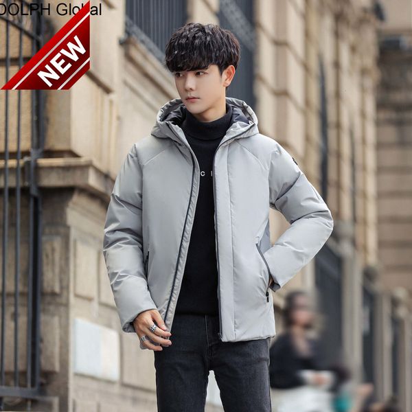 

young men wear zipper hooded solid white duck down jacket, Black