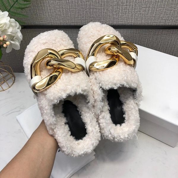 

designer luxury gold chain flat wool slippers women round toe lazy mules female autumn shoes vacation comfort loafers outdoor fur slides, Black