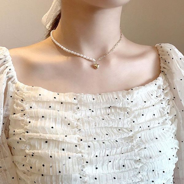 

pendant necklaces guangyao japanese and korean simple copper chain splicing hollow three dimensional small peach heart necklace woman girl f, Silver