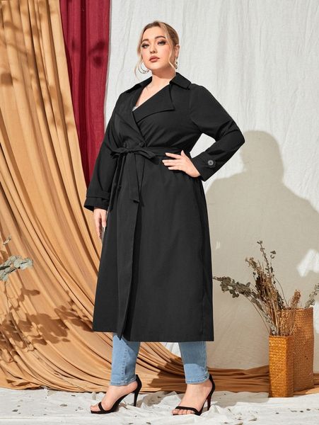 

plus lapel collar double button placket belted trench coat m4lm#, Black
