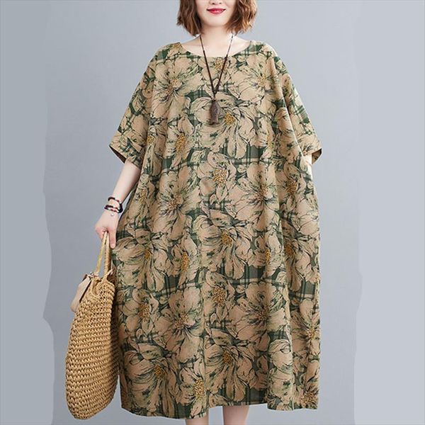 

arrival loose print floral womens dress plus size 6xl 7xl 100kg wear summer linen cotton vintage, Black;gray