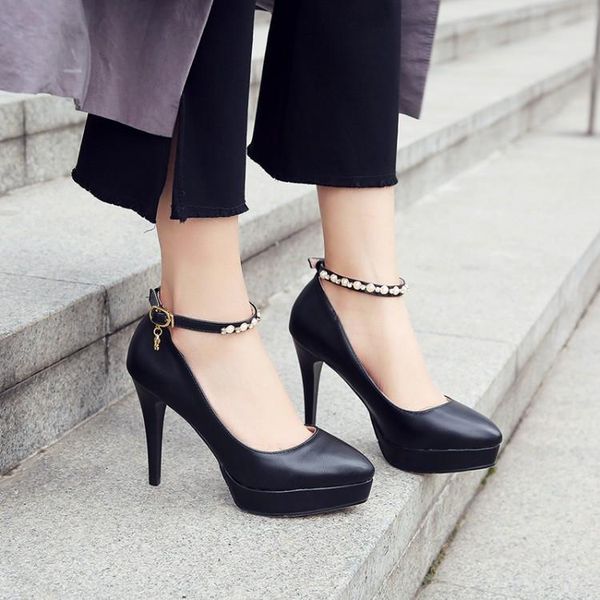 

fashion stiletto high heels shoes office lady string beads ankle strap dress date pumps women black white