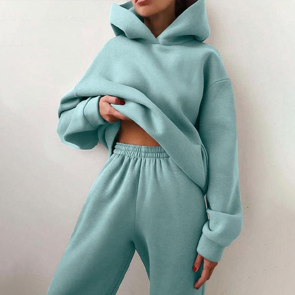 

women's two piece pants lady elegant solid sets for women warm hoodie sweatshirts and long pant fashion, White