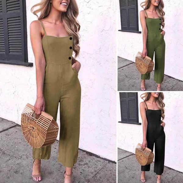 

women's jumpsuits & rompers plus size overalls women celmia 2021 summer sleeveless spaghetti straps casual linen work solid playsuits, Black;white