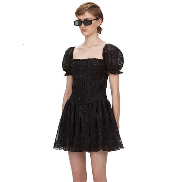 

a line summer square collar mini es women sequins short sleeve black chiffon female runway party dre, Black;gray