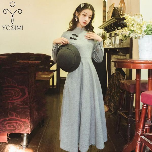 

casual dresses yosimi 2021 spring knitting cotton women dress elegant full sleeve cheongsam female vestidos fit and flare ankle-length, Black;gray