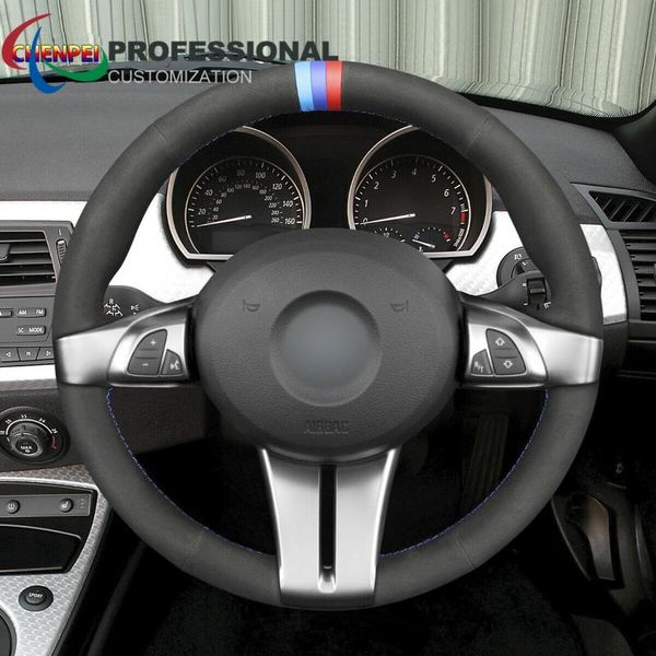 

steering wheel covers diy hand-sewn non-slip black synthetic suede car cover for z4 e85 e86 2003-2008 interior accessories