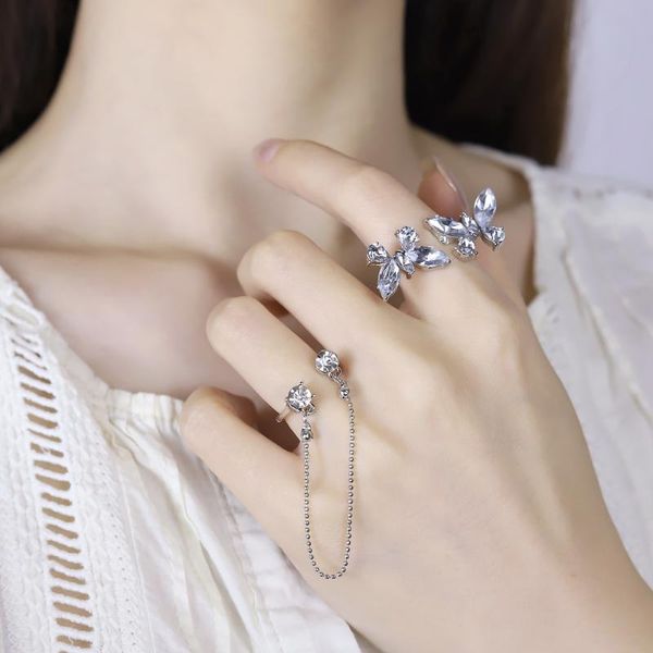 

wedding rings vintage boho crystal butterfly open chain for women zircon geometric knuckle finger ring party jewelry gifts, Slivery;golden