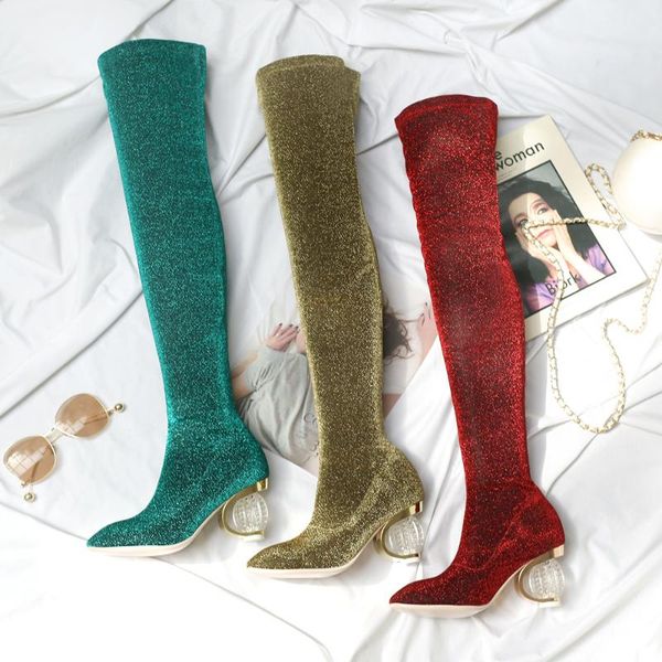 

boots qplyxco2021 crystal heels stretch party date over the knee autumn ladies fashion thigh high women, Black