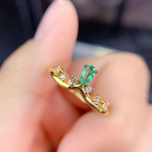 

cluster rings grace delicate wave crown water drop natural gemstone ring green emerald s925 silver women's party gift jewelry, Golden;silver