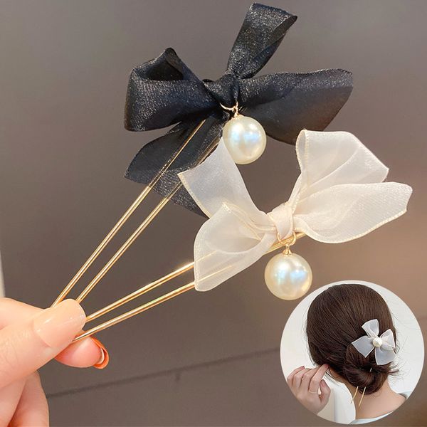 

elegant bowknot pearl organza hairpin for women girls hairstyle makeup artifact u-clip simple headdress korean hair accessories, Golden;silver