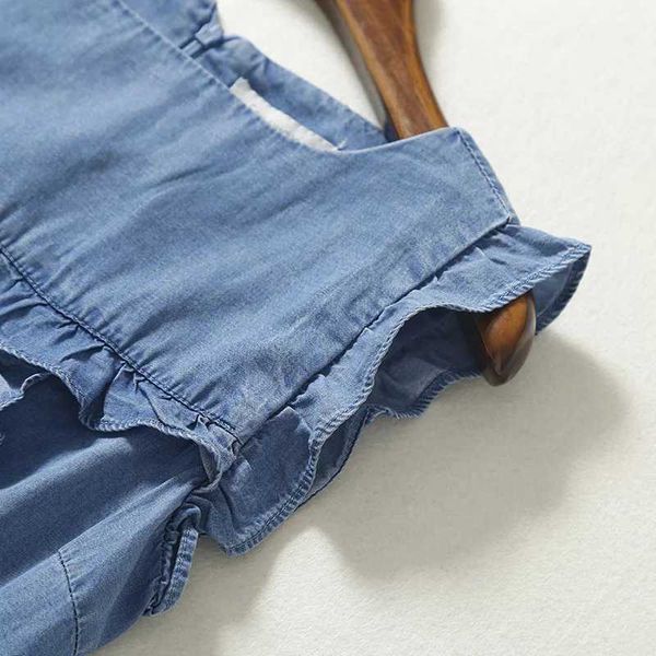 Hohe Taille ärmelloses Mini-Softjeanskleid Damen Rüschen Rüschen lässig Sommer Sonne Kurz Denim Strand Baumwolle Y0823