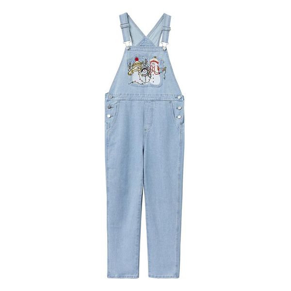 

women's jeans plus size denim jumpsuit women female cartoon snowman embroidery loose overalls vintage washed big pockets straight sling, Blue