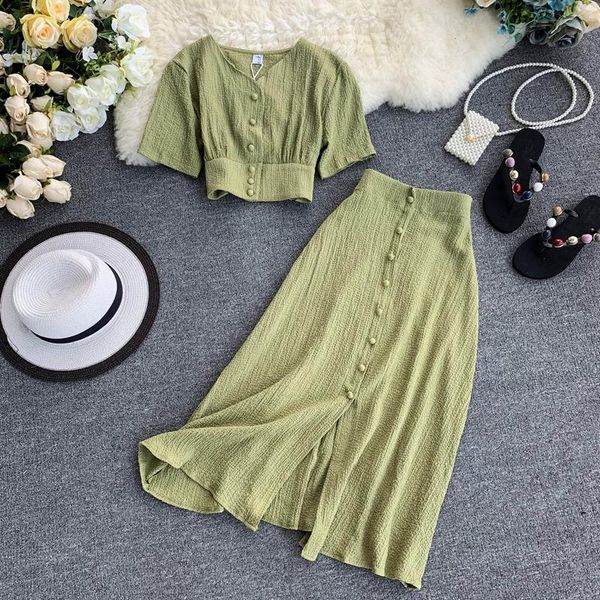 

2pcs dress solid color side open blouse fashion women outfits short design front buttons and long skirt, White