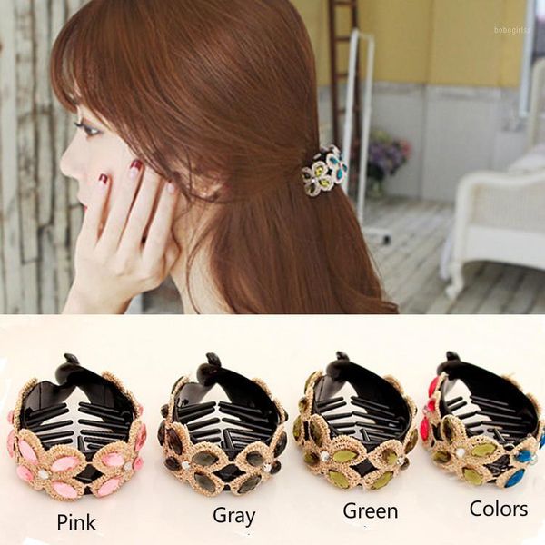 

korean hair accessories four-leaf flower rhinestone ponytail clips luxury crystal lace decorate banana headwear gift1