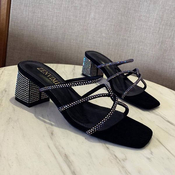 

slippers slipper women 2021 spring summer style square heel crystle high heels slides shoes fashion, Black