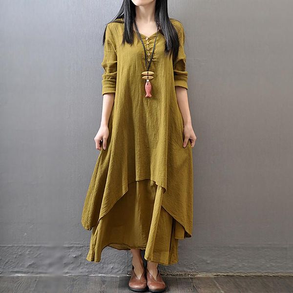 

casual dresses 2021 autumn dress women loose long sleeve cotton linen boho irregular party vestidos female, Black;gray