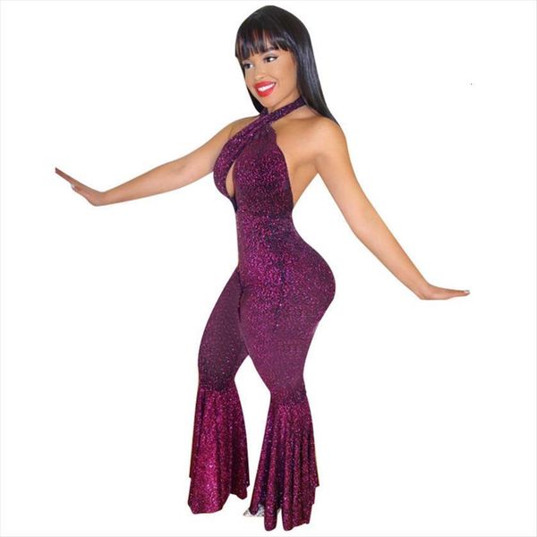 

fashion glitter sleeveless womens jumpsuit halter skinny nightclub backless party flared sparkly romper catsuit, Black;white