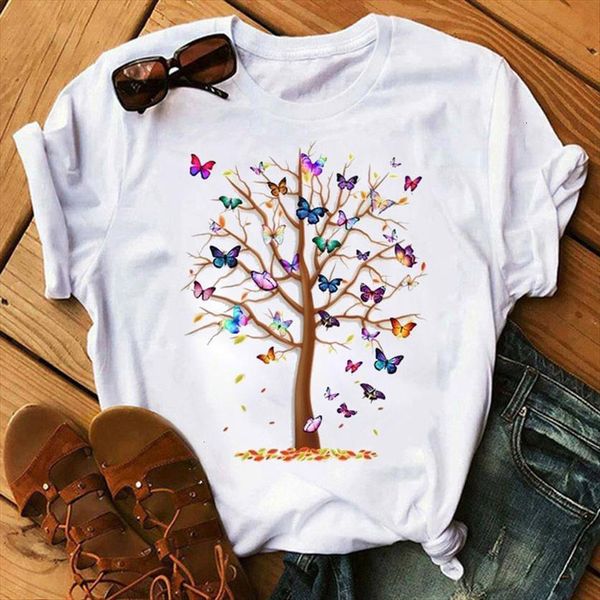 

fashion butterfly tree print harajuku womens t shirts summer casual short sleeve tee femme, White