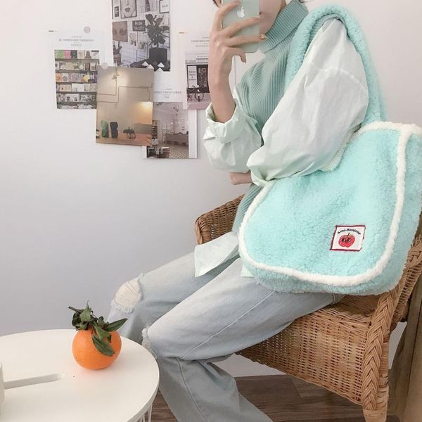 

evening bags mint green apple embroidery lamb hair shoulder tote bag winter hbag cute plush soft girl crossbody for women
