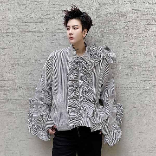 

men's casual shirts nice spring autumn men fashion striped ruffles shirt man england style vintage stage loose blouse streetwear, White;black