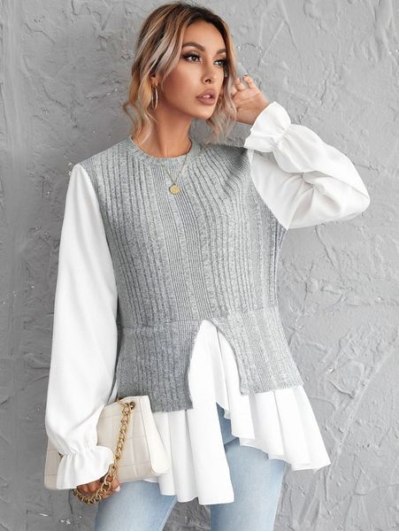 

flounce sleeve colorblock asymmetrical hem u1bl#, White