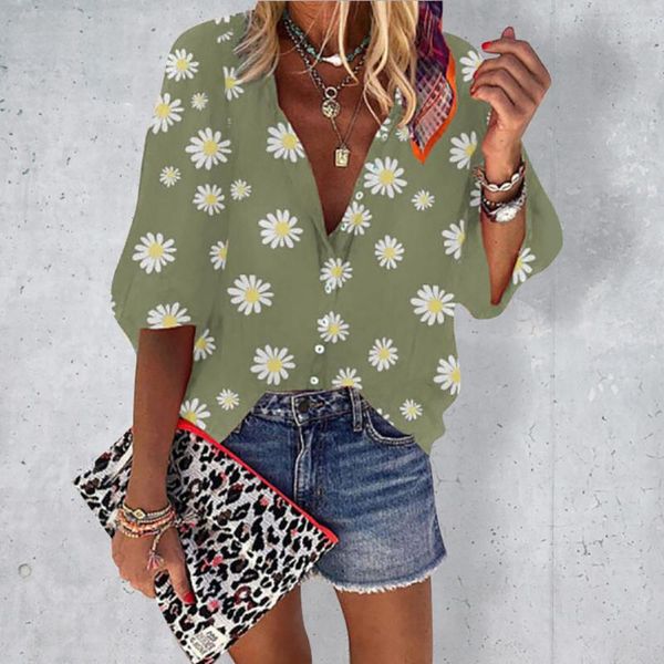 

womens and blouses 2021 summer women fashion v neck floral printed 3/4 sleeve shirt button loose blouse blusas mujer women's & shirts, White