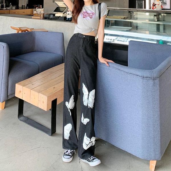 

women's jeans women fashion 2021 butterfly print wide-leg pants vintage high waist oversize black female denim trousers mujer streetwea, Blue