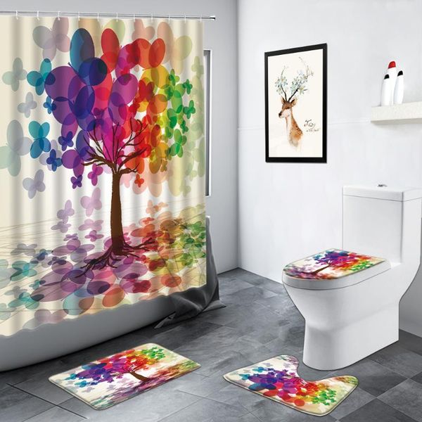 

shower curtains creative colorful trees curtain abstract art flowers fashion bathroom set carpet anti-slip mat bath mats toilet decor rug