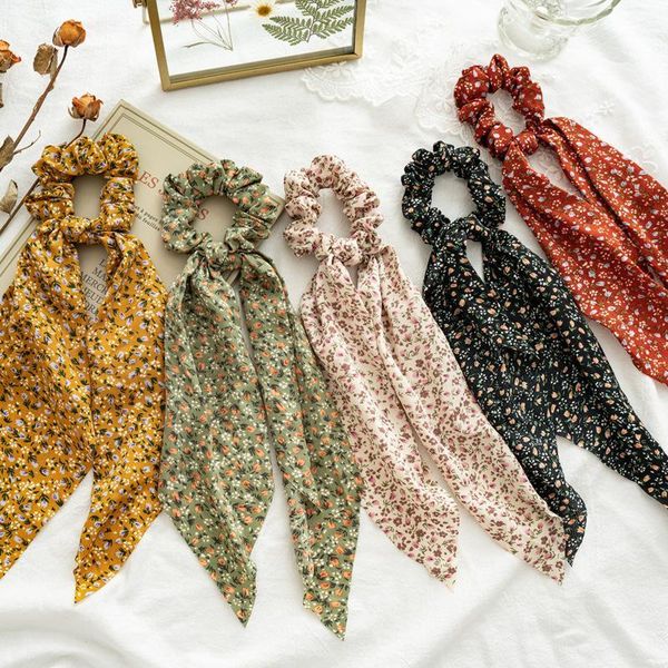 

sweet chiffon silk floral prnit bow hair scrunchies women tie rope rubber bands ponytail accessories1
