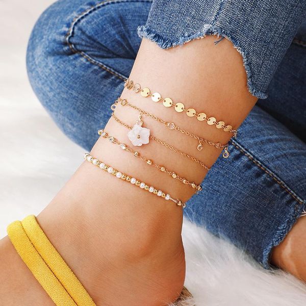 

anklets 5pcs/set gold ankle bracelets for women 2021 barefoot fashion alloy crystal flower anklet female simple leg chain foot jewelry, Red;blue