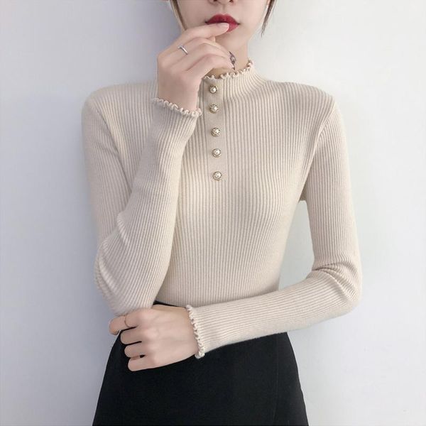 

women's sweaters women pullovers 2021 elegant ruffled collar turtleneck knitwear single-breasted beading elastic female sueter mujer, White;black