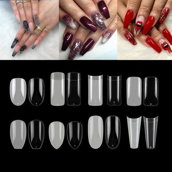 

500pcs false fake nails tips coffin french ballerina clear nature full cover artificial acrylic press on diy nail art set1, Red;gold