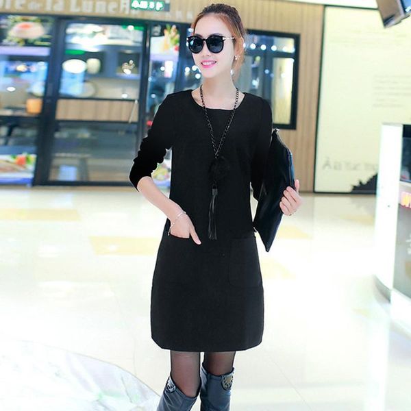 

winter dress women black ladies loose long sleeve splice pocket o-neck plus velvet padded sweatshirt dress#y3 casual dresses, Black;gray